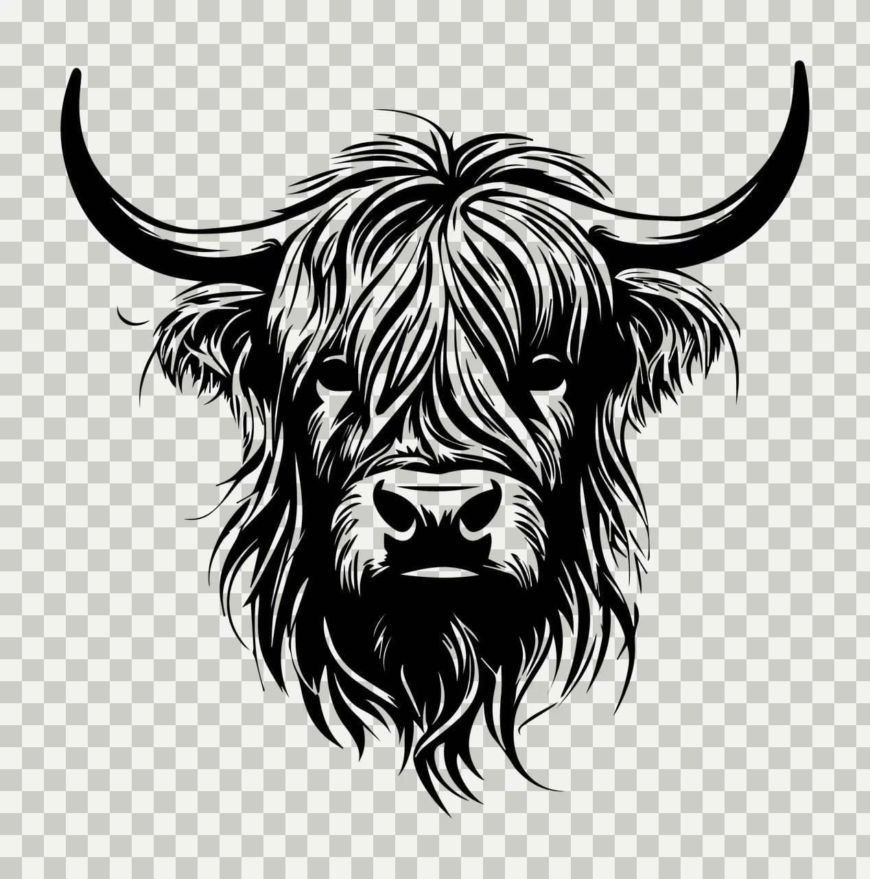 Highland Cow Head Portrait Illustration horns fur line art transparency and detail preview thumbnail
