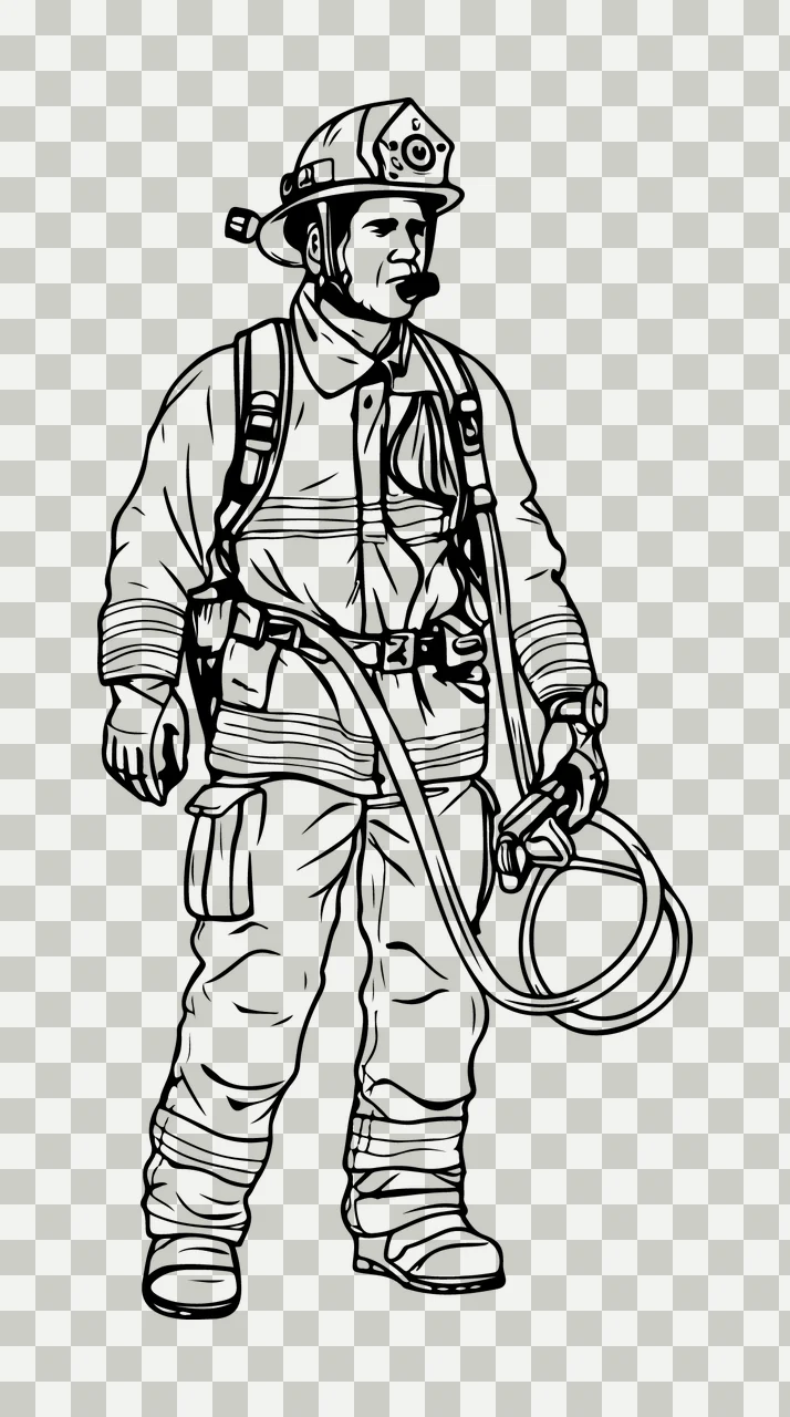 Firefighter In Uniform Holding A Hose standing helmet line art transparency and detail preview thumbnail