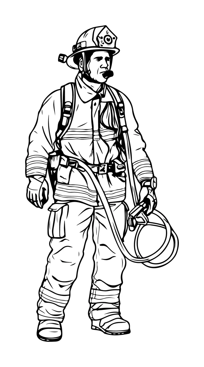 Firefighter In Uniform Holding A Hose standing helmet line art
