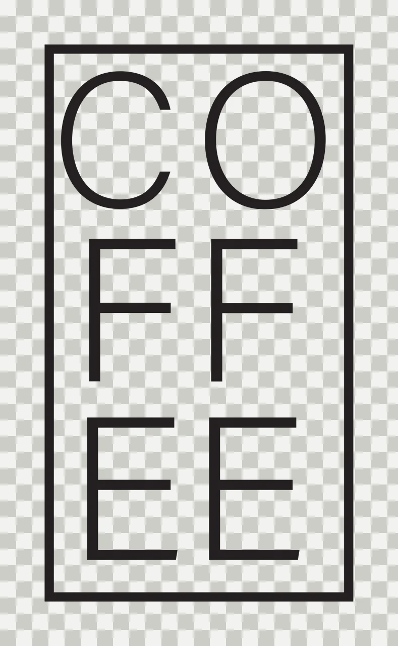 CO FF EE coffee typography Design with rectangular frame, stacked lettering and sans-serif text in black and white transparency and detail preview thumbnail