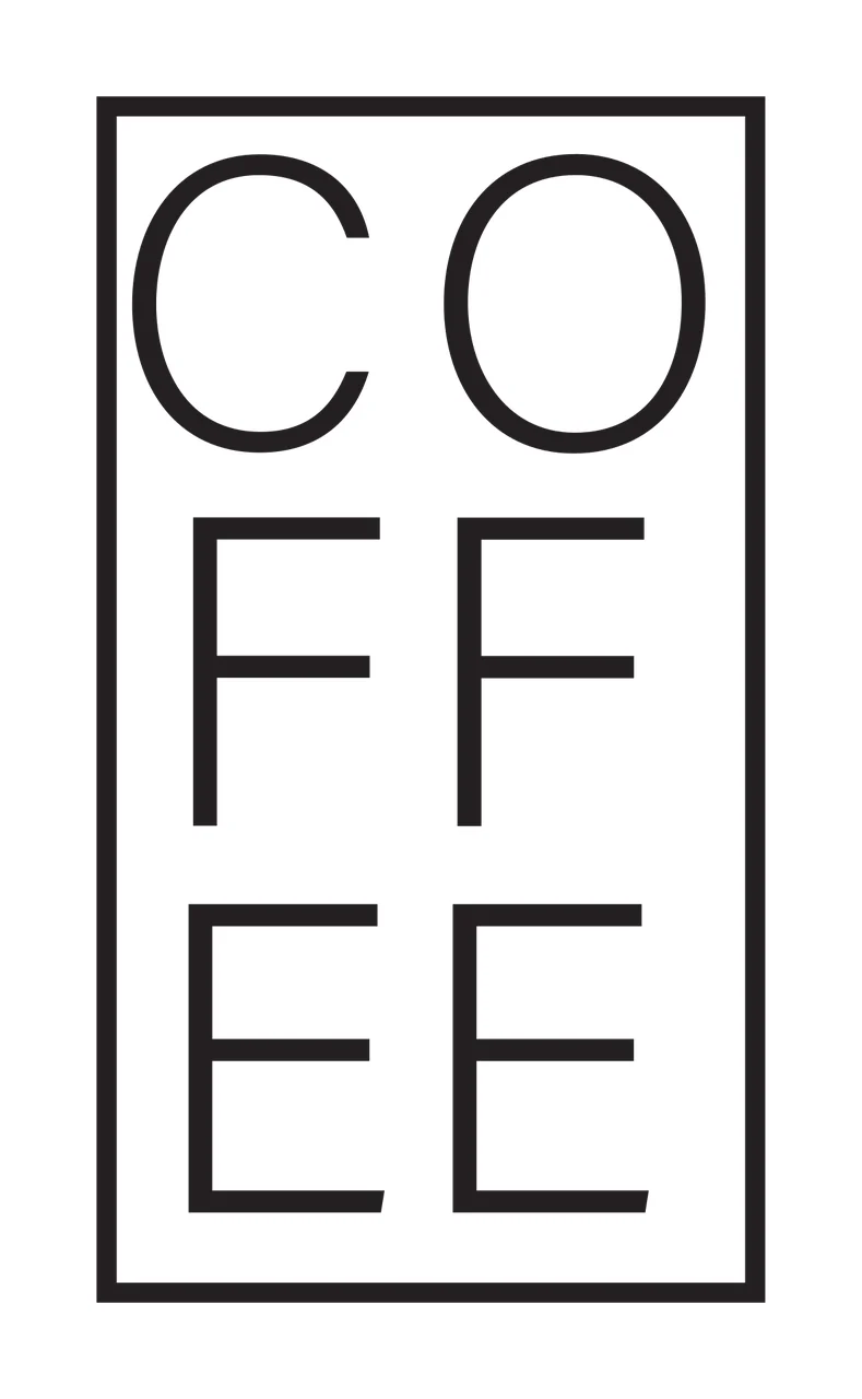 CO FF EE coffee typography Design with rectangular frame, stacked lettering and sans-serif text in black and white