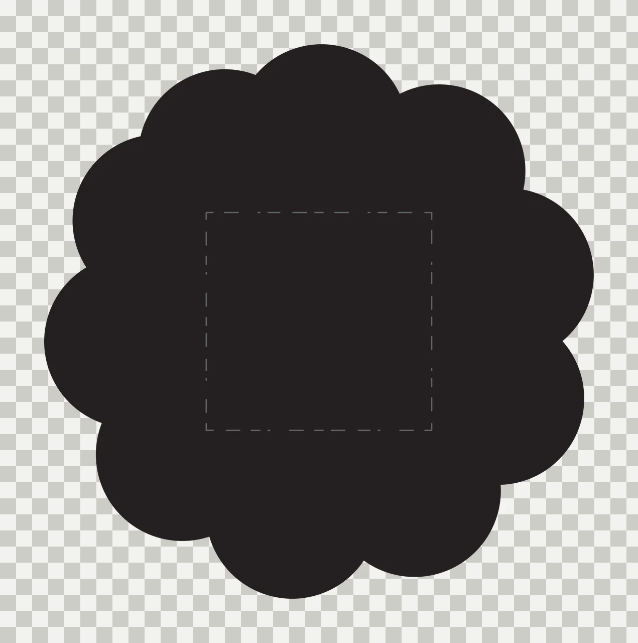 Black cloud-shaped frame with dashed square center with black cloud-shaped border transparency and detail preview thumbnail