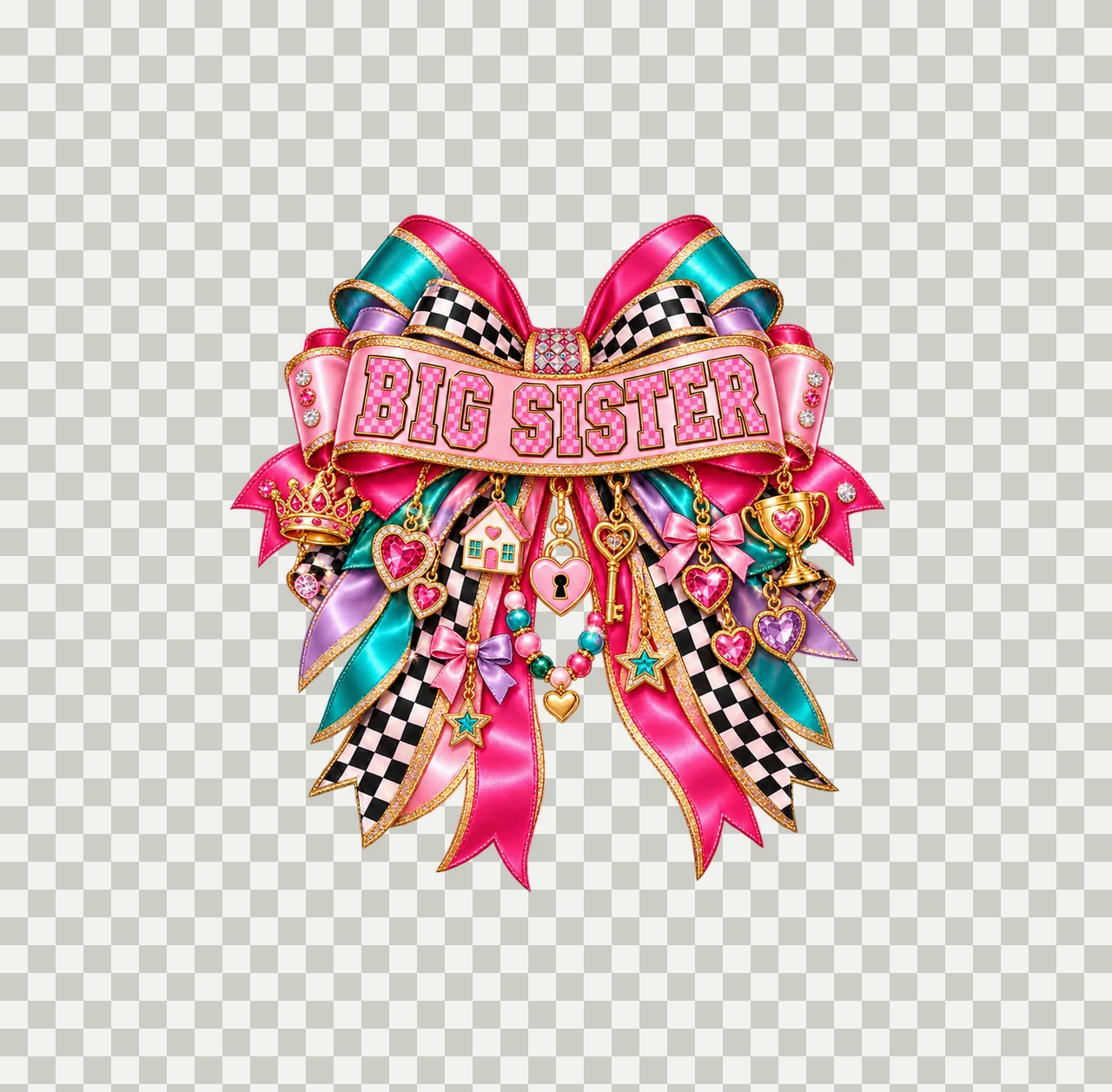 Big Sister Bow Charm PNG, Patterned Coquette Bow Clipart, Transparent Sublimation Digital Download transparency and detail preview thumbnail