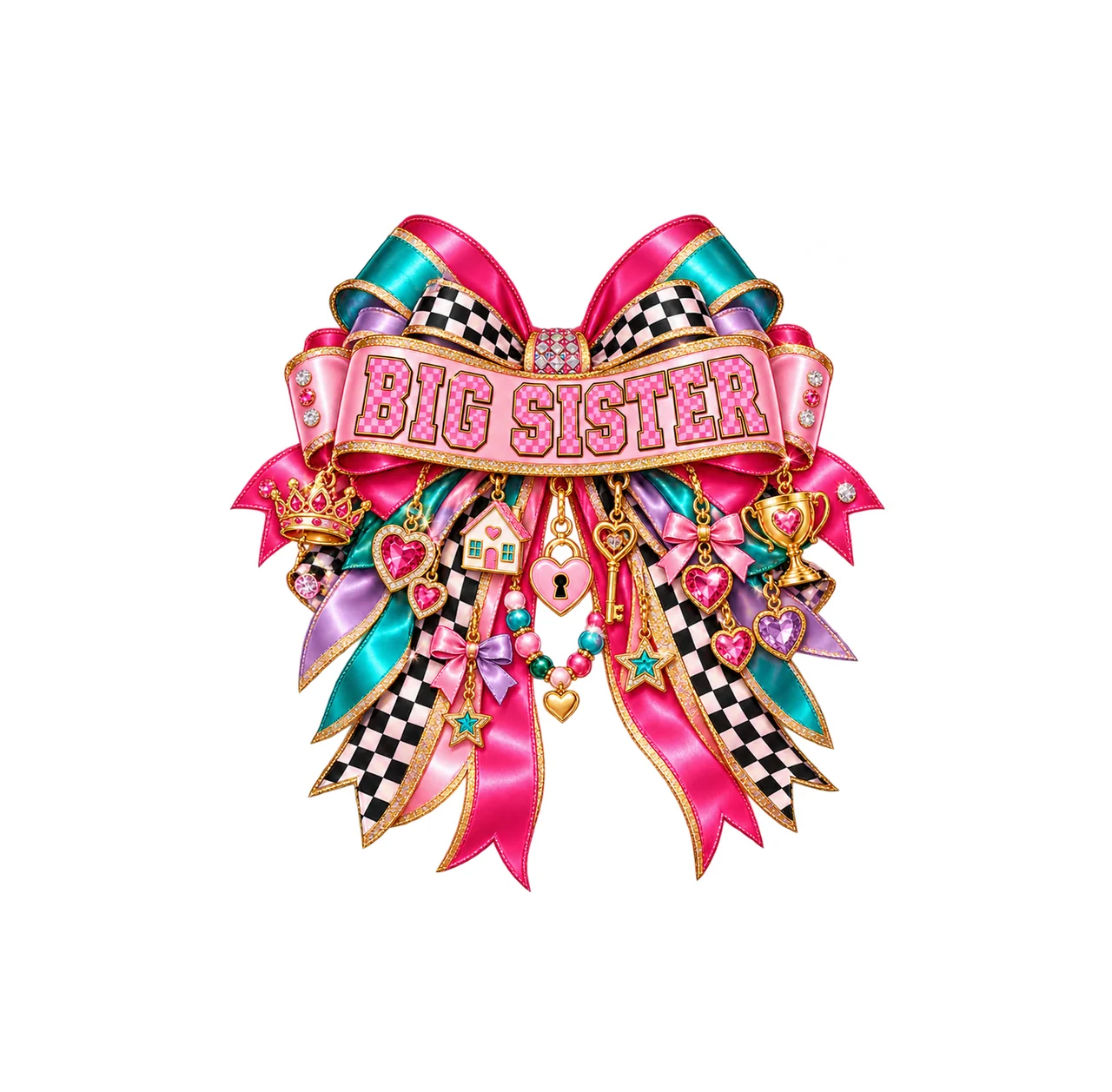 Big Sister Bow Charm PNG, Patterned Coquette Bow Clipart, Transparent Sublimation Digital Download