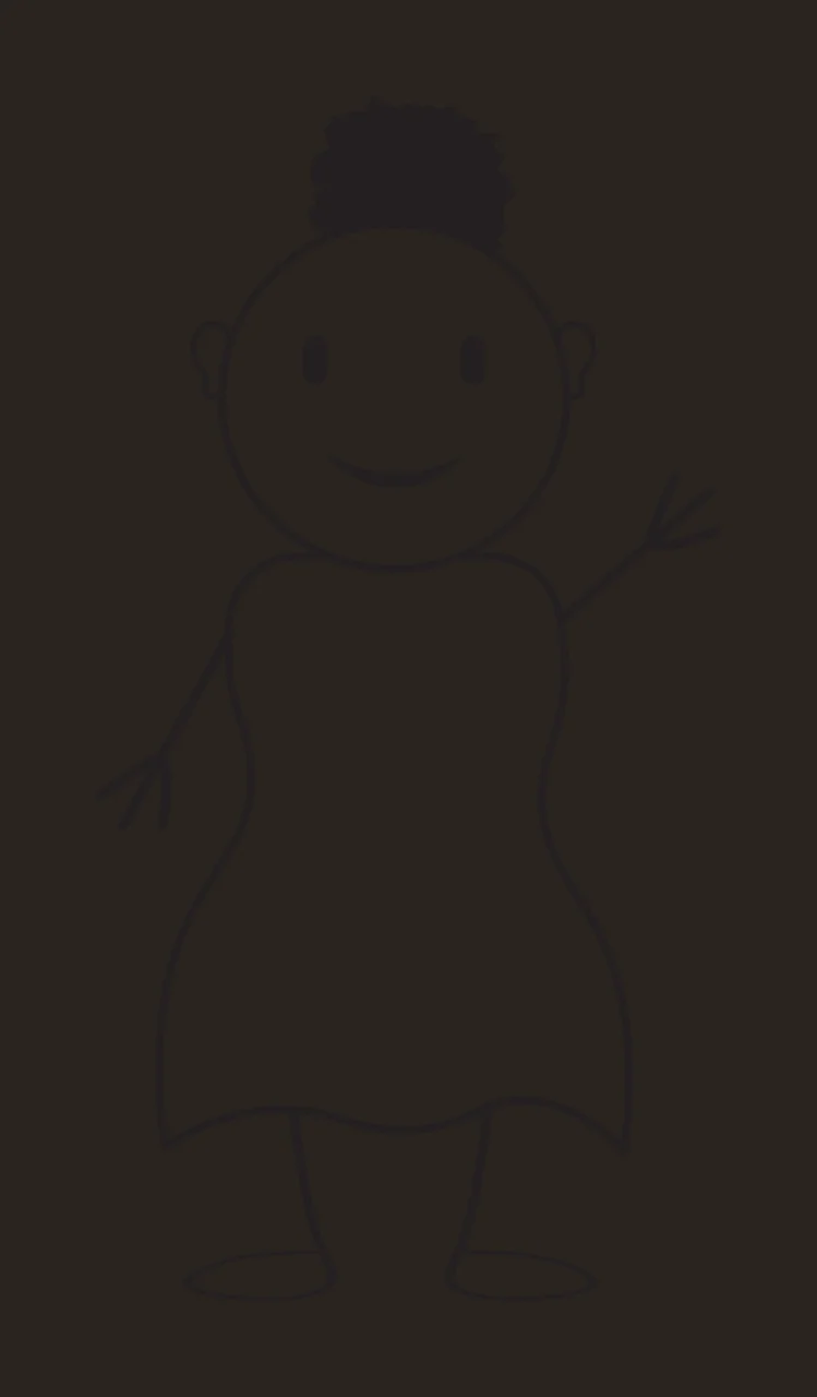 Line Art Illustration of Stick figure person with head bun, dress, stick arms and smiling face in black and white contrast preview thumbnail