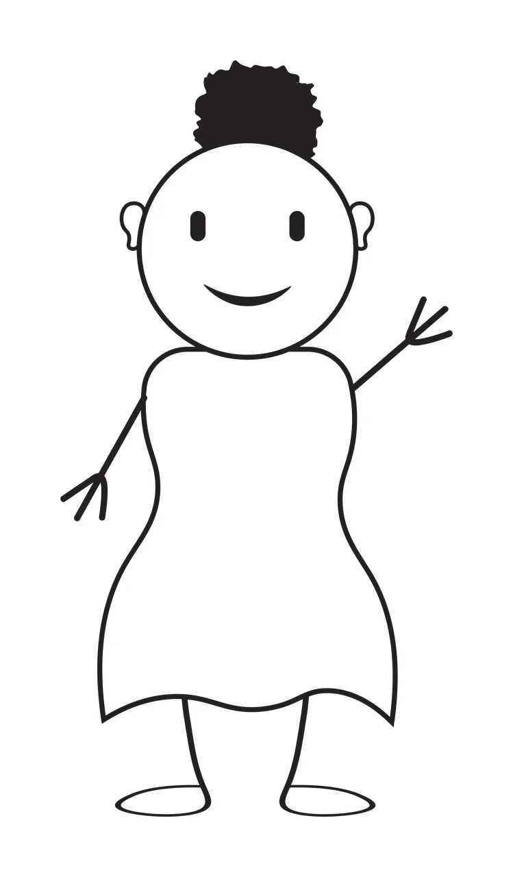 Line Art Illustration of Stick figure person with head bun, dress, stick arms and smiling face in black and white