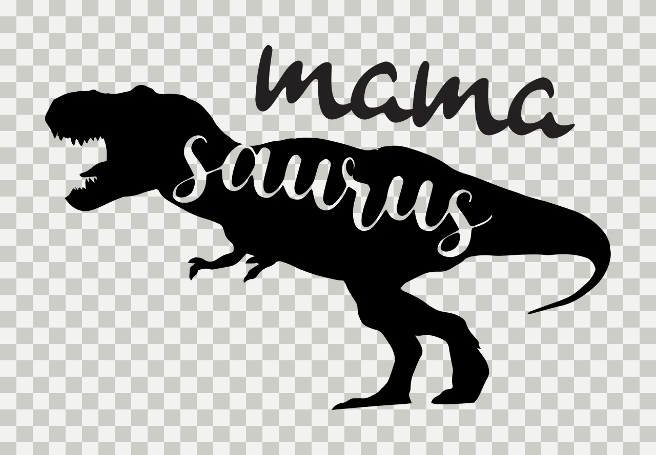 Mama saurus Tyrannosaurus rex silhouette Design with dinosaur silhouette, cursive script lettering and typography in black and white transparency and detail preview thumbnail