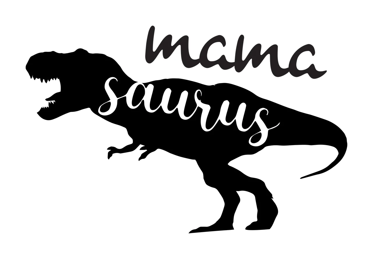 Mama saurus Tyrannosaurus rex silhouette Design with dinosaur silhouette, cursive script lettering and typography in black and white