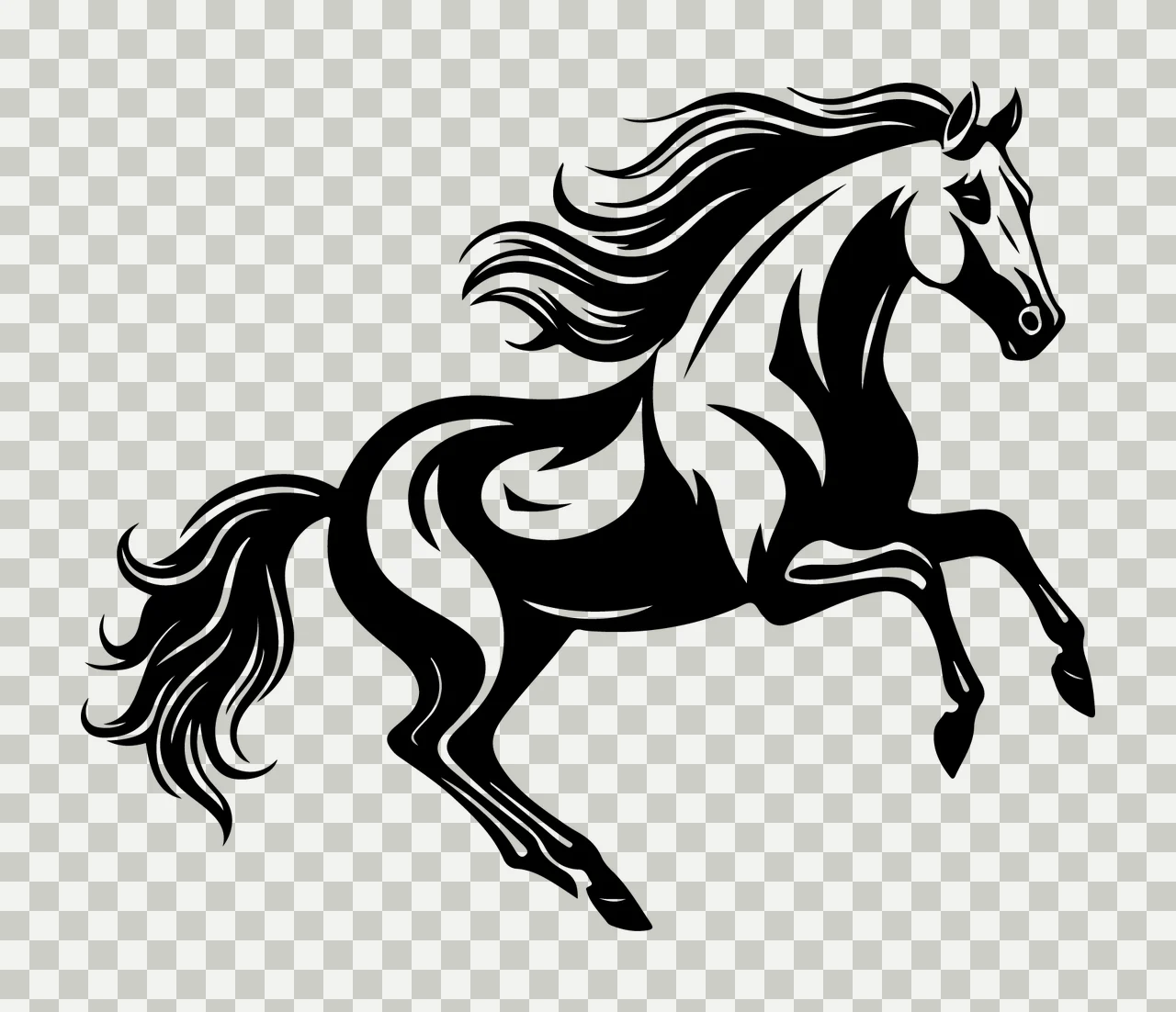 Horse Black And White Prancing Illustration mane tail hooves transparency and detail preview thumbnail