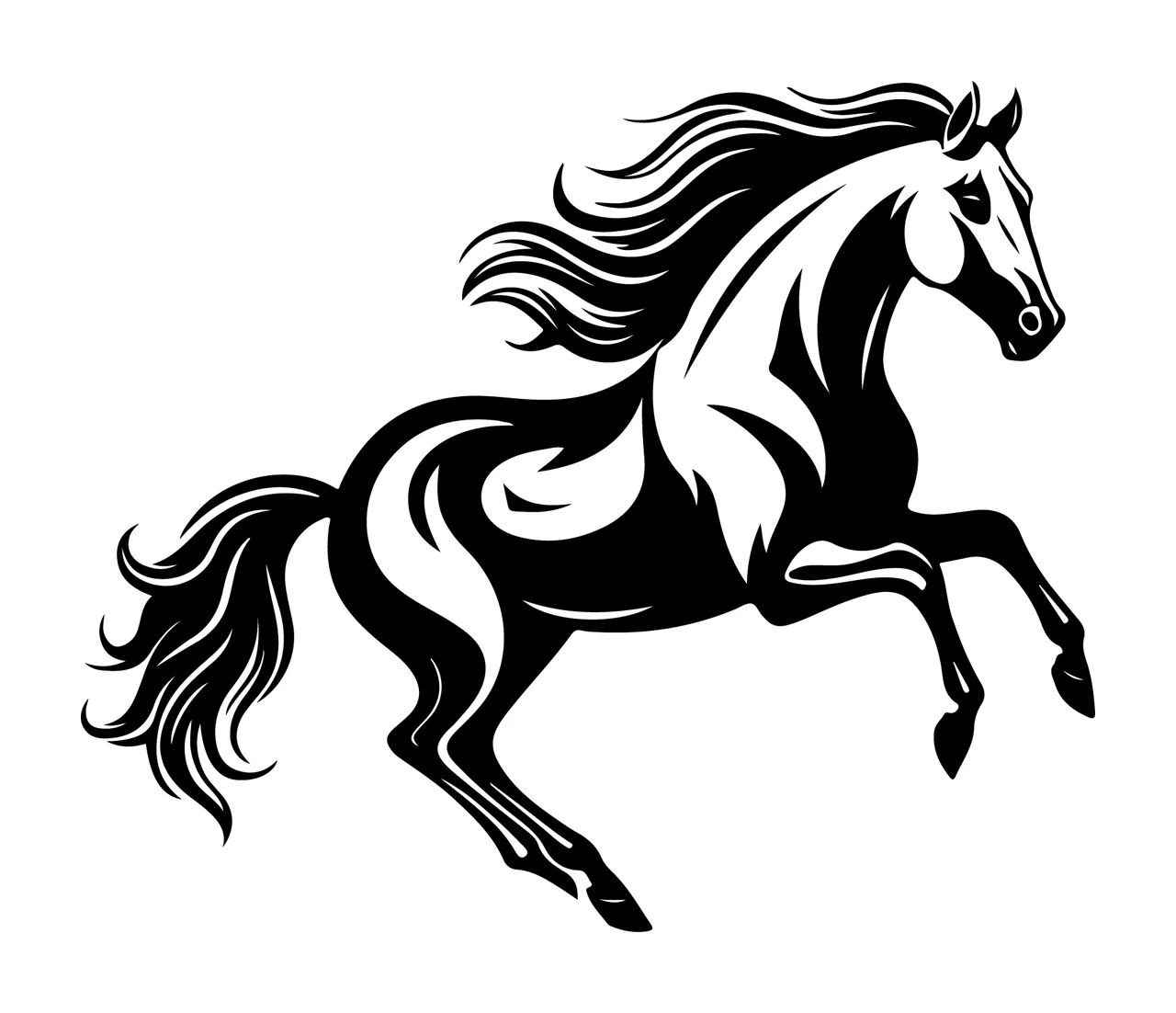 Horse Black And White Prancing Illustration mane tail hooves