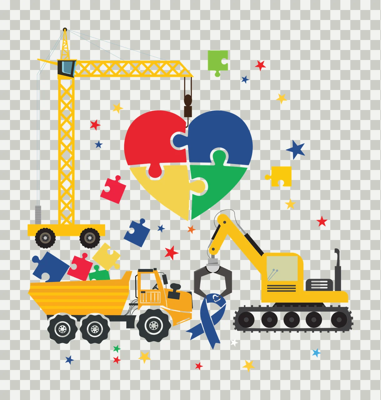 Puzzle heart construction scene with blue ribbon Illustration with yellow crane, yellow dump truck, yellow excavator and puzzle heart red blue yellow green transparency and detail preview thumbnail