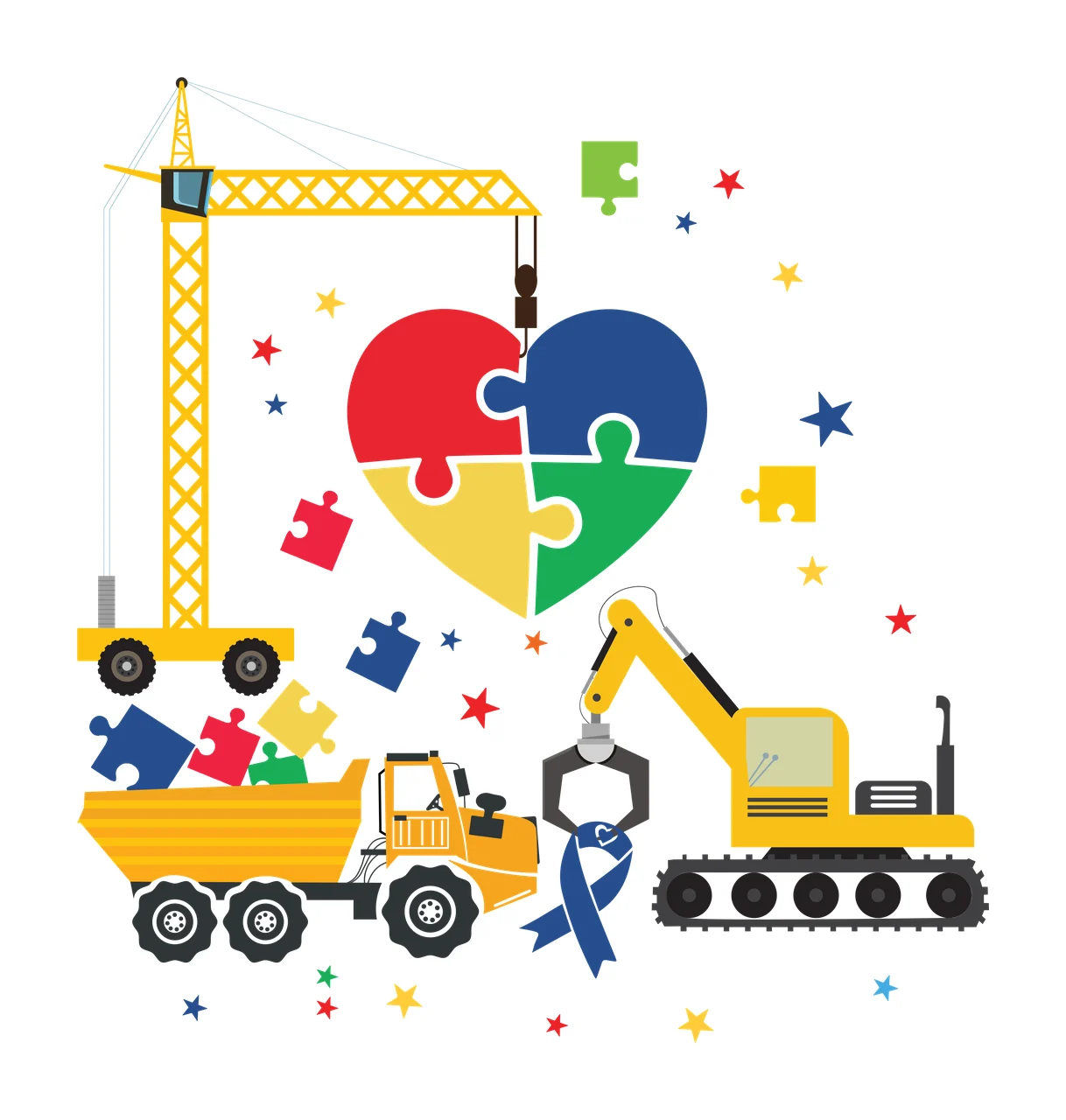 Puzzle heart construction scene with blue ribbon Illustration with yellow crane, yellow dump truck, yellow excavator and puzzle heart red blue yellow green
