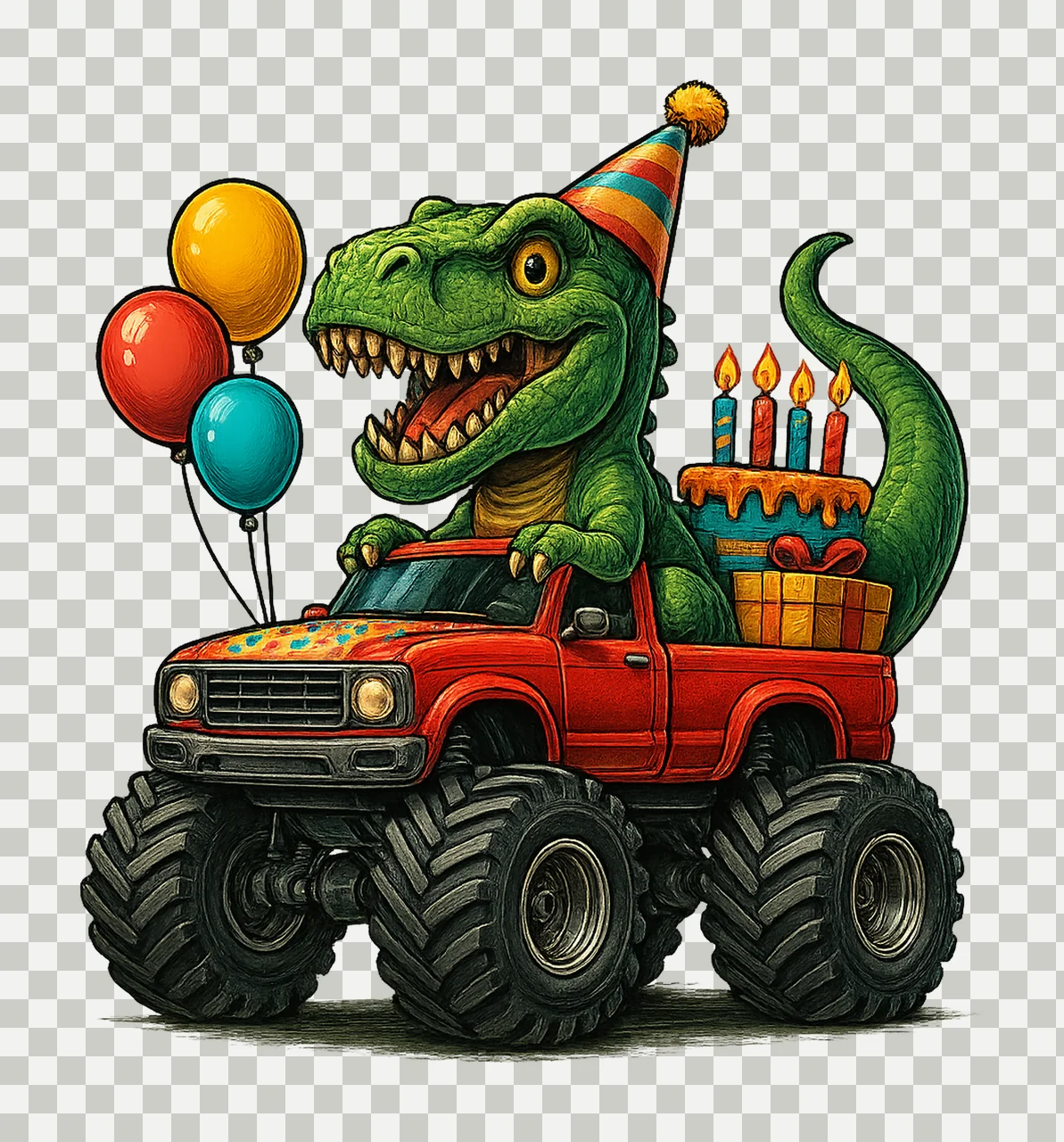Dinosaur Monster Truck Happy Birthday Kids Party Design transparency and detail preview thumbnail