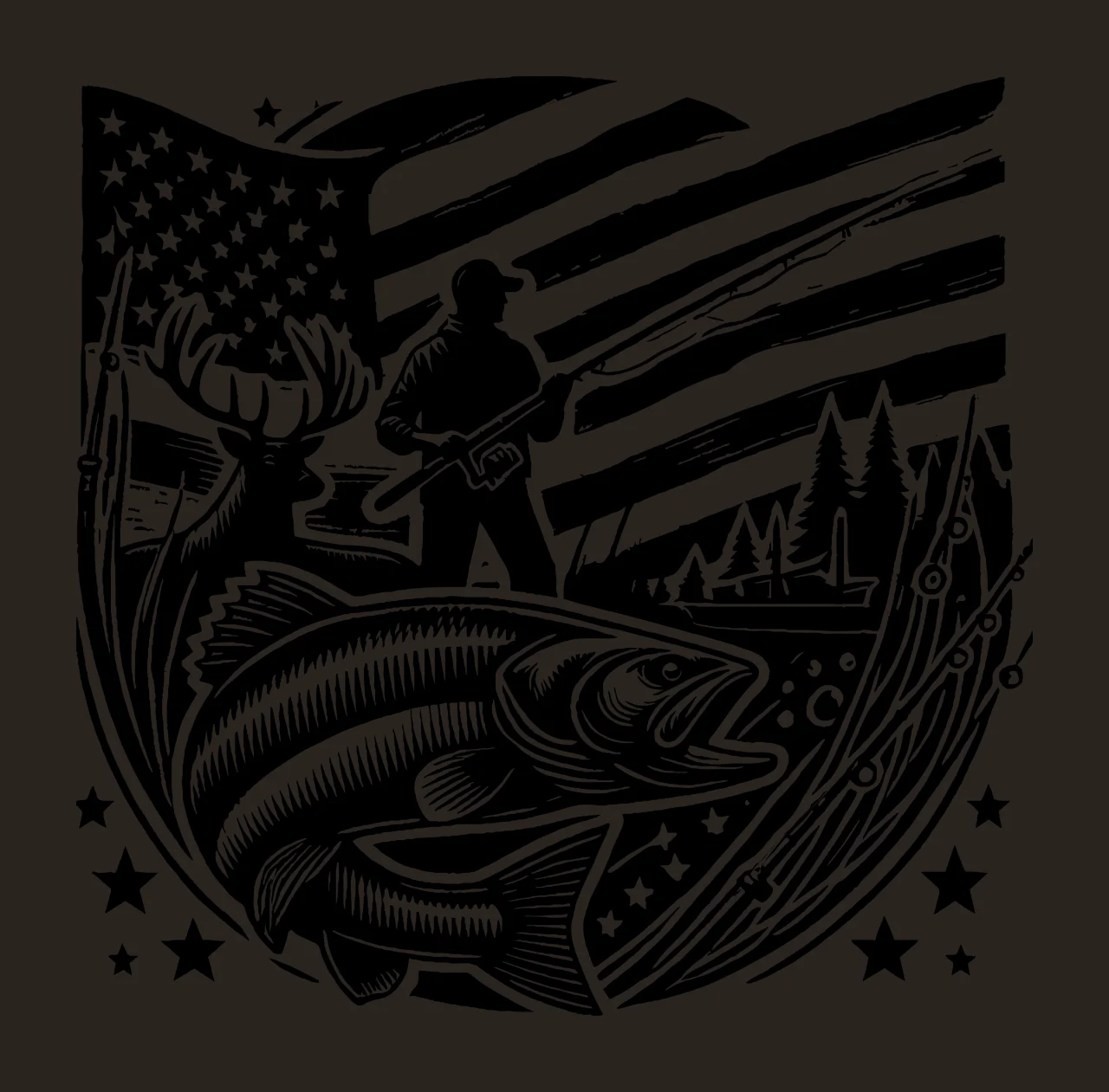 Fishing Silhouette With American Flag Backdrop fisherman fish contrast preview thumbnail