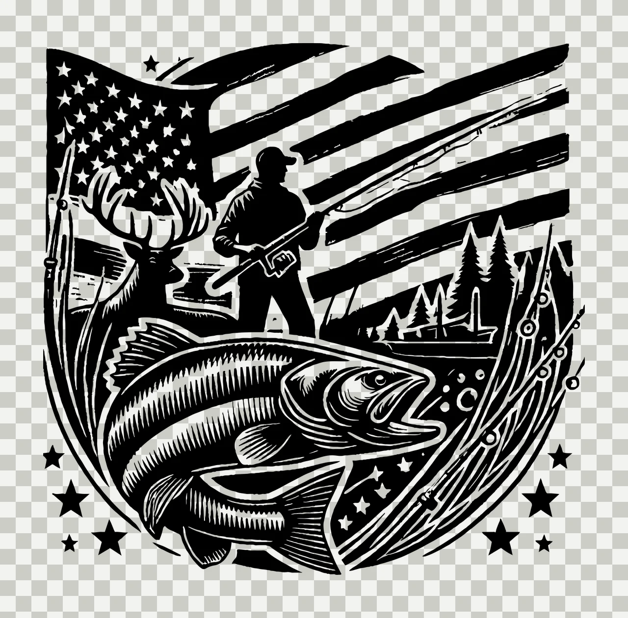 Fishing Silhouette With American Flag Backdrop fisherman fish transparency and detail preview thumbnail