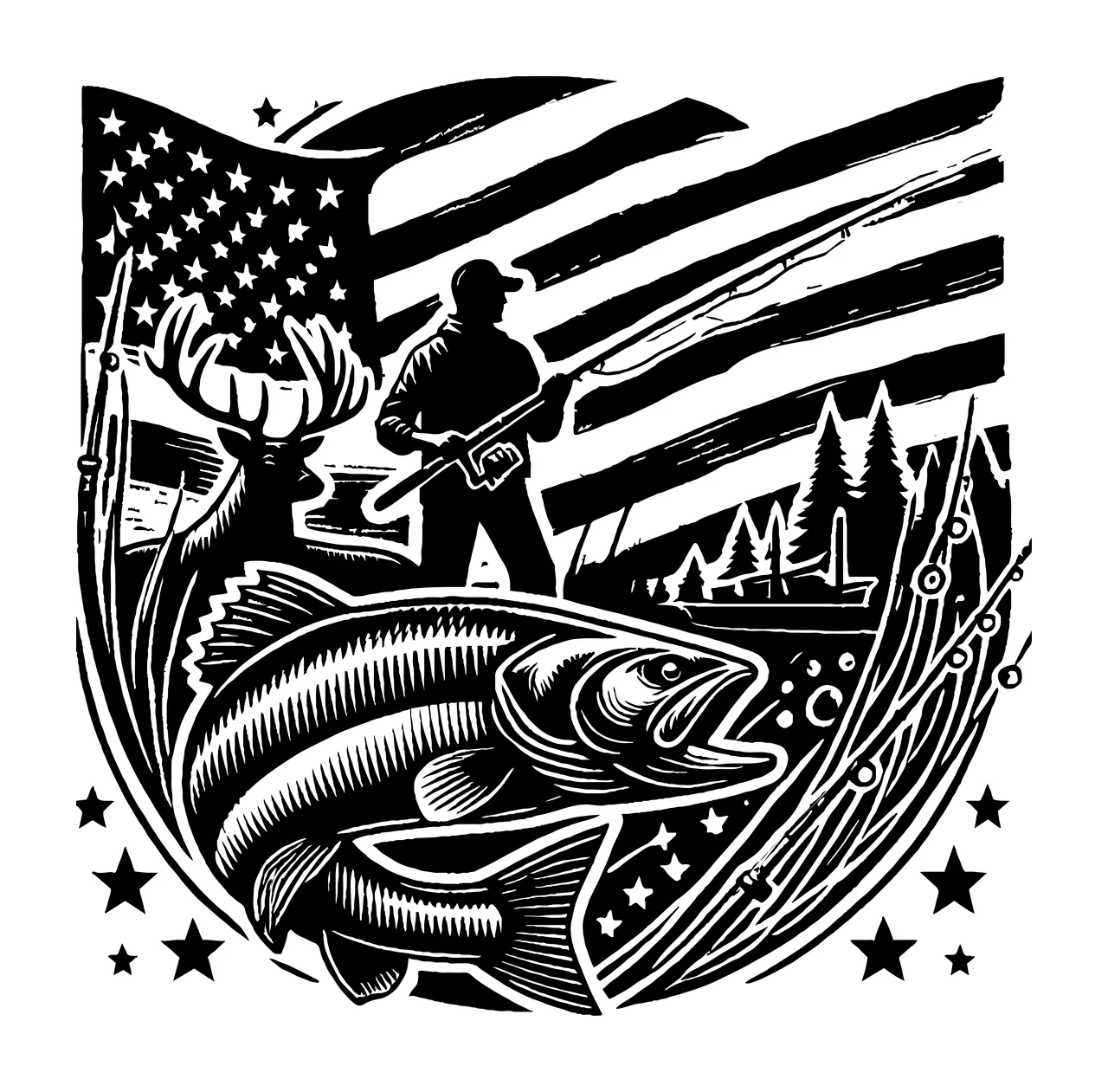 Fishing Silhouette With American Flag Backdrop fisherman fish