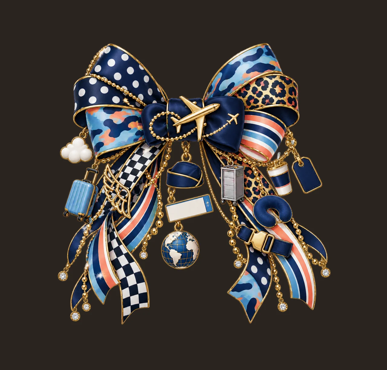 Flight Attendant Bow Charm PNG, Themed Gold Chain Charms, Coquette Ribbon Sublimation Design, Transparent Digital Download contrast preview thumbnail