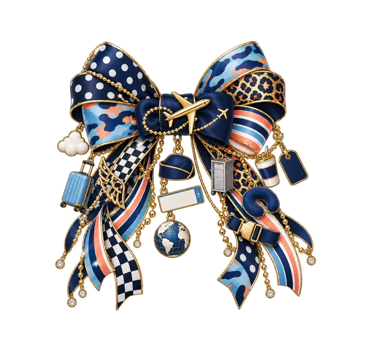 Flight Attendant Bow Charm PNG, Themed Gold Chain Charms, Coquette Ribbon Sublimation Design, Transparent Digital Download