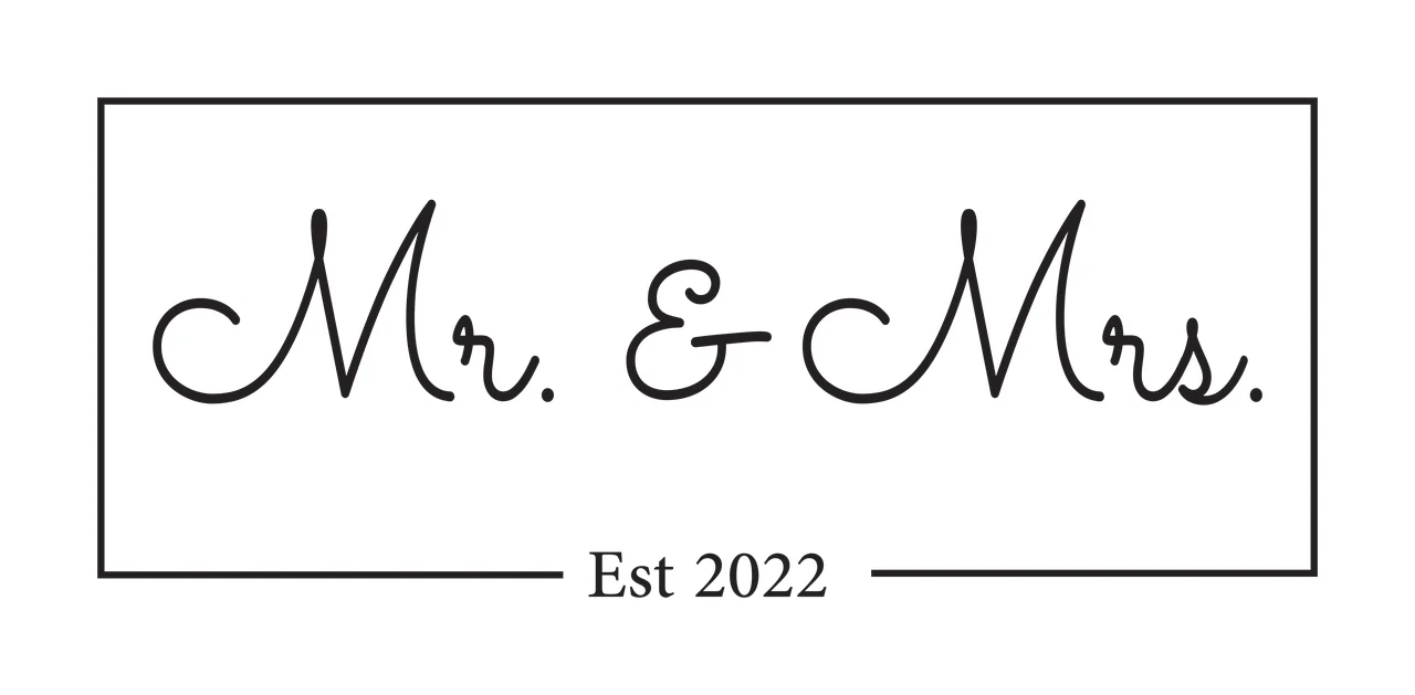 Mr. & Mrs. Est 2022 Rectangular framed typographic design with black script text, rectangular border and horizontal lines in white