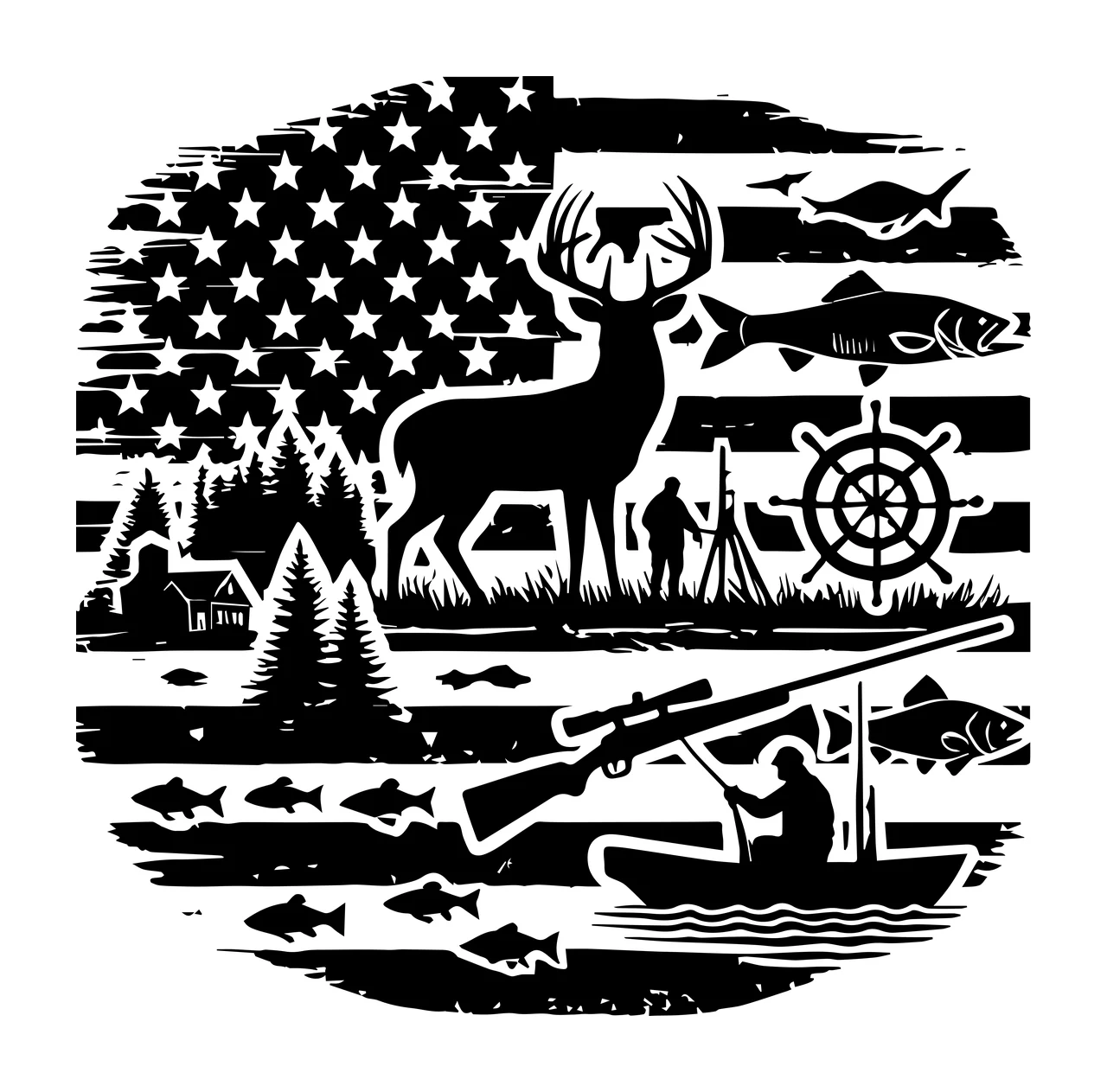 Hunting Fishing American Flag Wildlife Silhouette Motif with elements