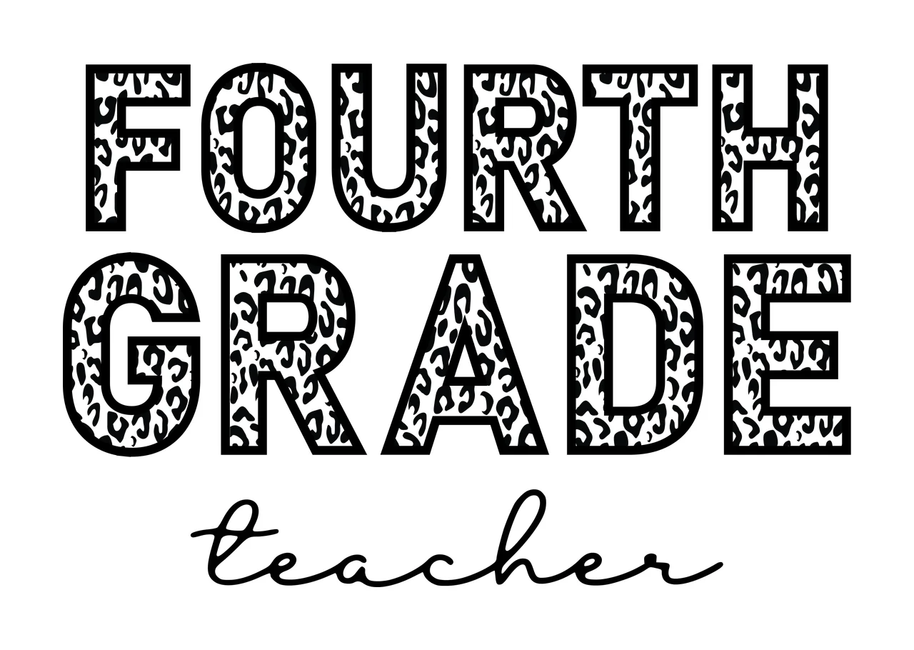FOURTH GRADE teacher Typography Design with outlined block letters, leopard print pattern and cursive script font in black and white