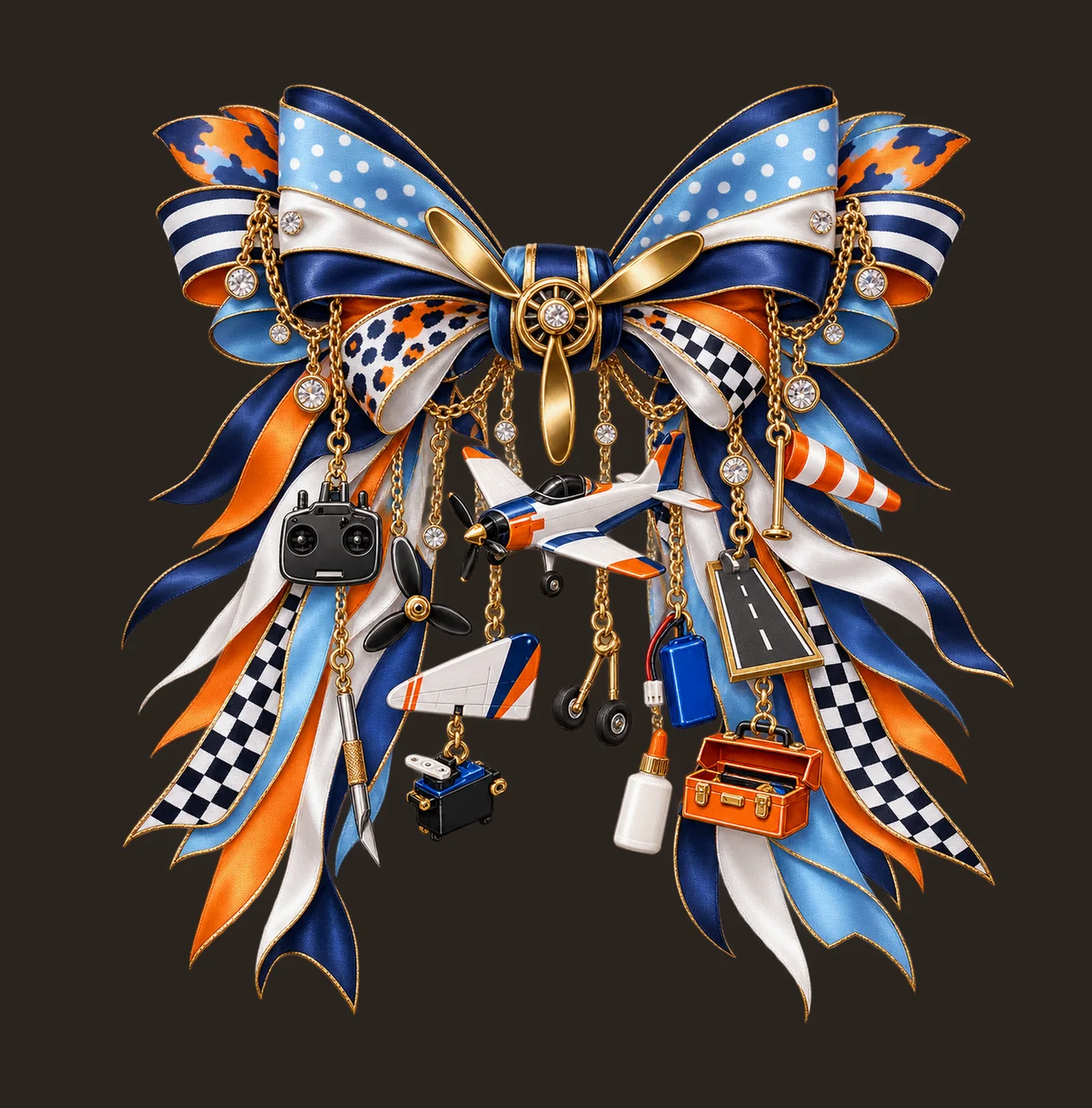 Model Airplane Hobbyist Bow Charm PNG, Gold Chain Charms, Transparent Sublimation Design, Digital Download contrast preview thumbnail