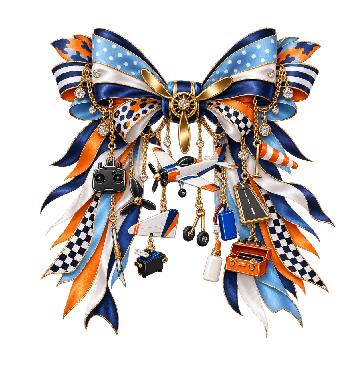 Model Airplane Hobbyist Bow Charm PNG, Gold Chain Charms, Transparent Sublimation Design, Digital Download