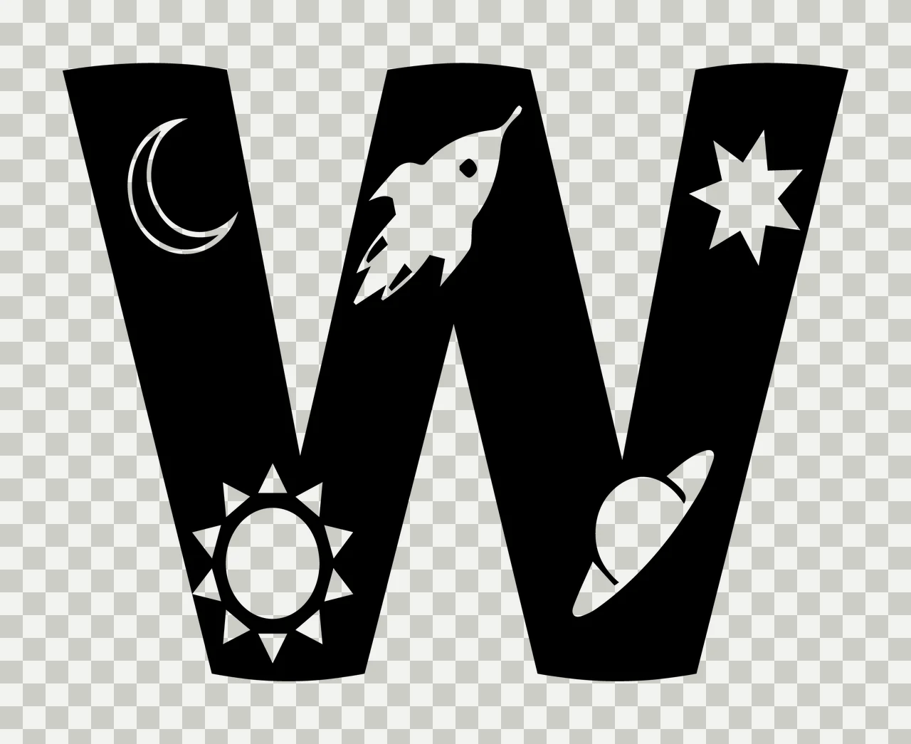 Space Letter W With Crescent Moon And Rocket transparency and detail preview thumbnail