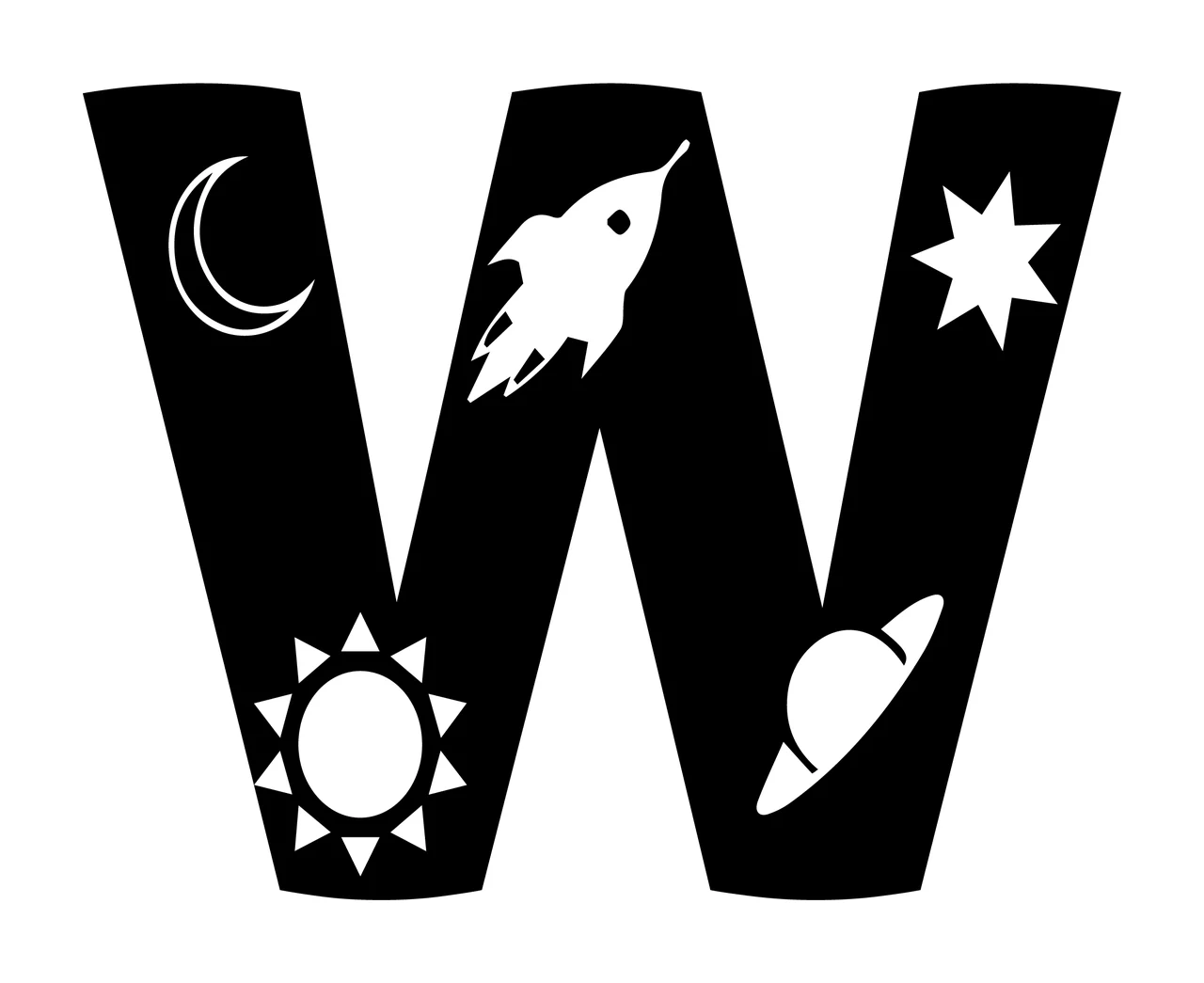 Space Letter W With Crescent Moon And Rocket