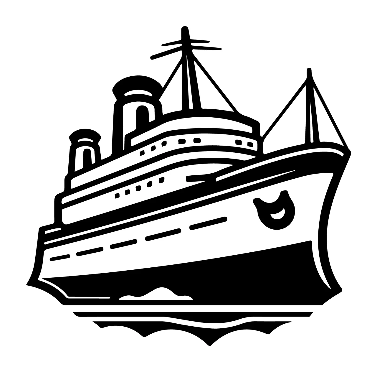 Cruise Ship Black And White Icon floating smokestacks waves