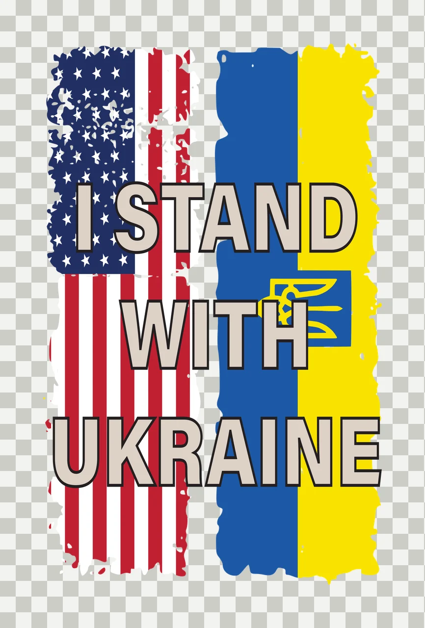 I STAND WITH UKRAINE USA and Ukraine solidarity Design with USA flag, Ukrainian flag, trident symbol and distressed border in red, white and blue transparency and detail preview thumbnail