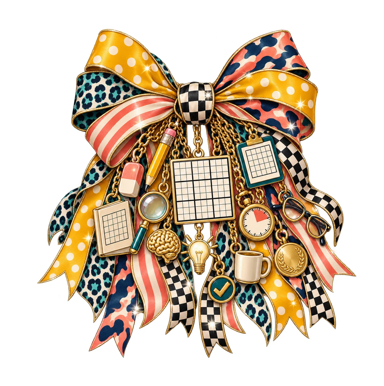 Sudoku Lover Bow Charm PNG, Themed Gold Chain Charms, Coquette Ribbon Sublimation Design, Transparent Digital Download