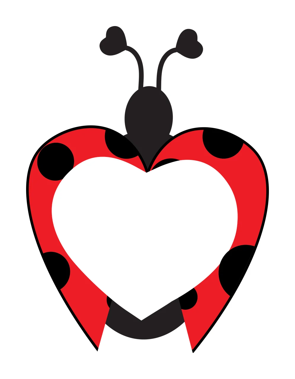 Ladybug heart frame with red ladybug body, black spots, heart-shaped white cutout and black head