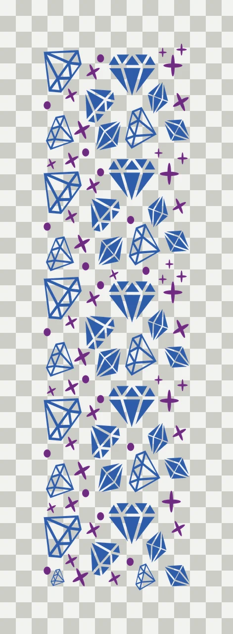 Diamond and starburst pattern design with blue diamond shapes, purple starbursts and purple dots in white transparency and detail preview thumbnail