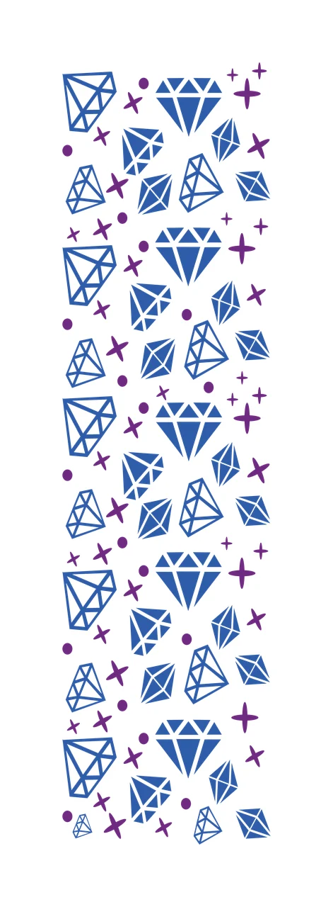 Diamond and starburst pattern design with blue diamond shapes, purple starbursts and purple dots in white