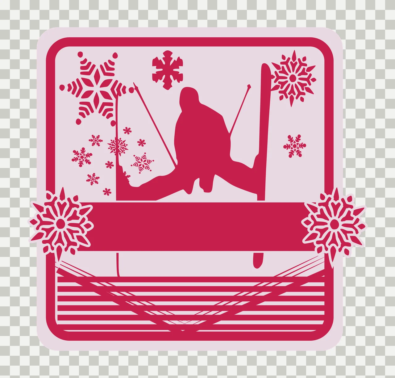 Silhouette Design of skier with skis, ski poles, snowflakes and horizontal stripes in magenta and light pink transparency and detail preview thumbnail