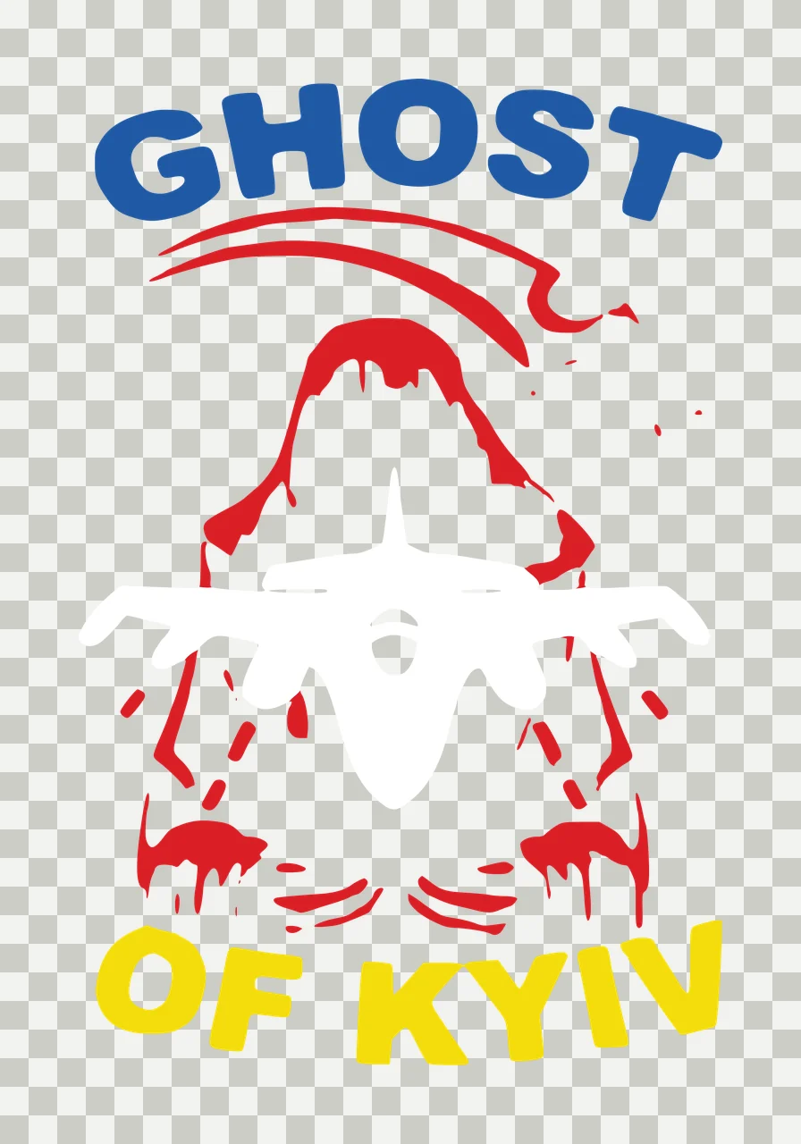GHOST OF KYIV Hooded figure silhouette Design with text, abstract red lines and splatter effects in blue and yellow transparency and detail preview thumbnail