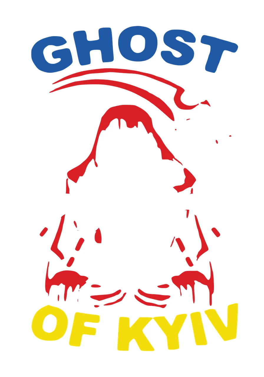 GHOST OF KYIV Hooded figure silhouette Design with text, abstract red lines and splatter effects in blue and yellow