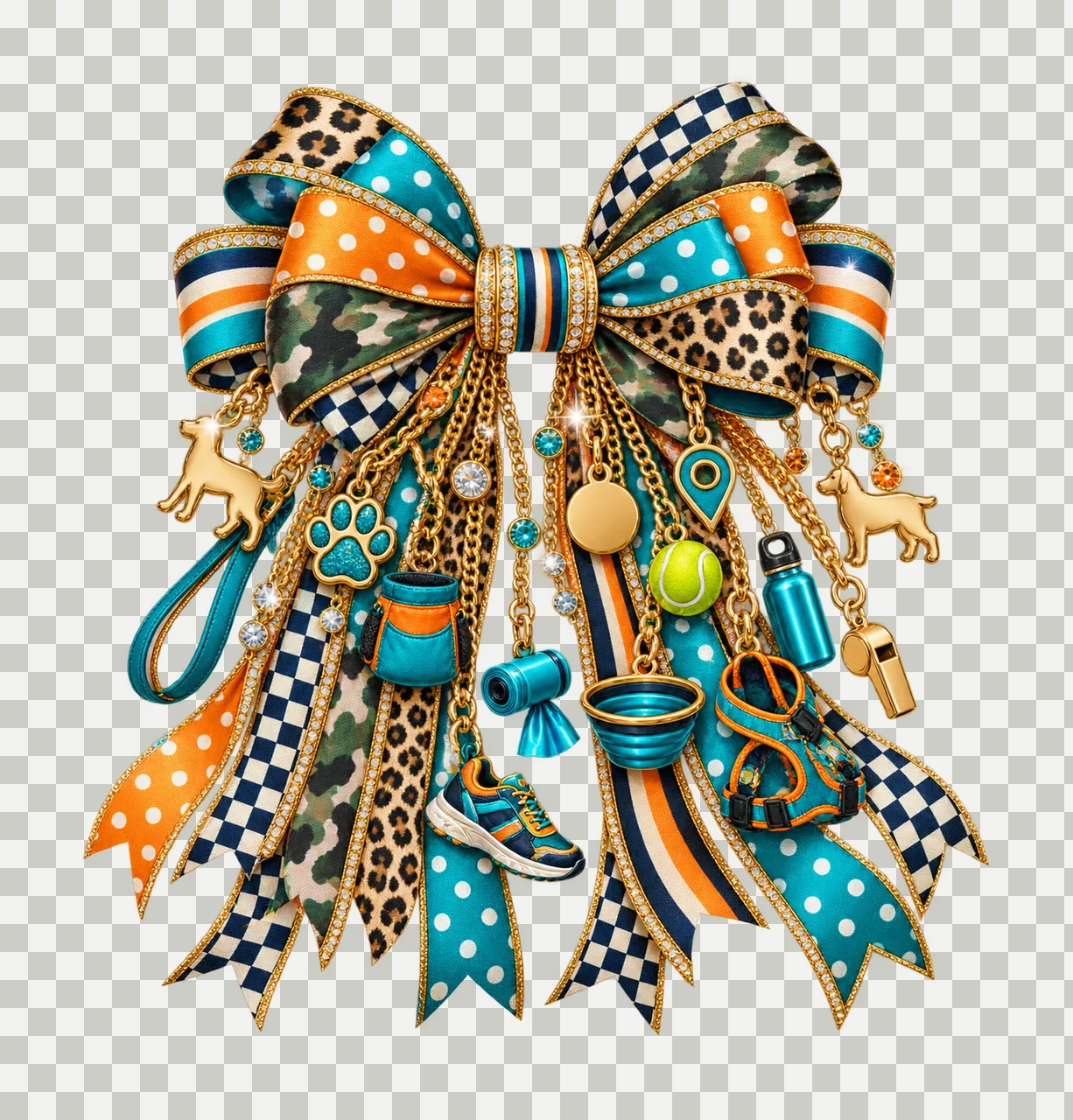 Dog Walker Bow Charm PNG, Themed Gold Chain Charms, Coquette Ribbon Sublimation Design, Transparent Digital Download transparency and detail preview thumbnail