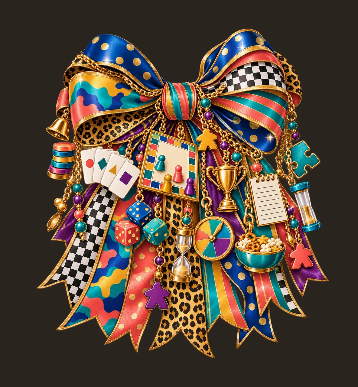Board Game Night Bow Charm PNG, Dice Pawns Cards Spinner and Puzzle Charms, Family Game Sublimation Design, Transparent Download contrast preview thumbnail