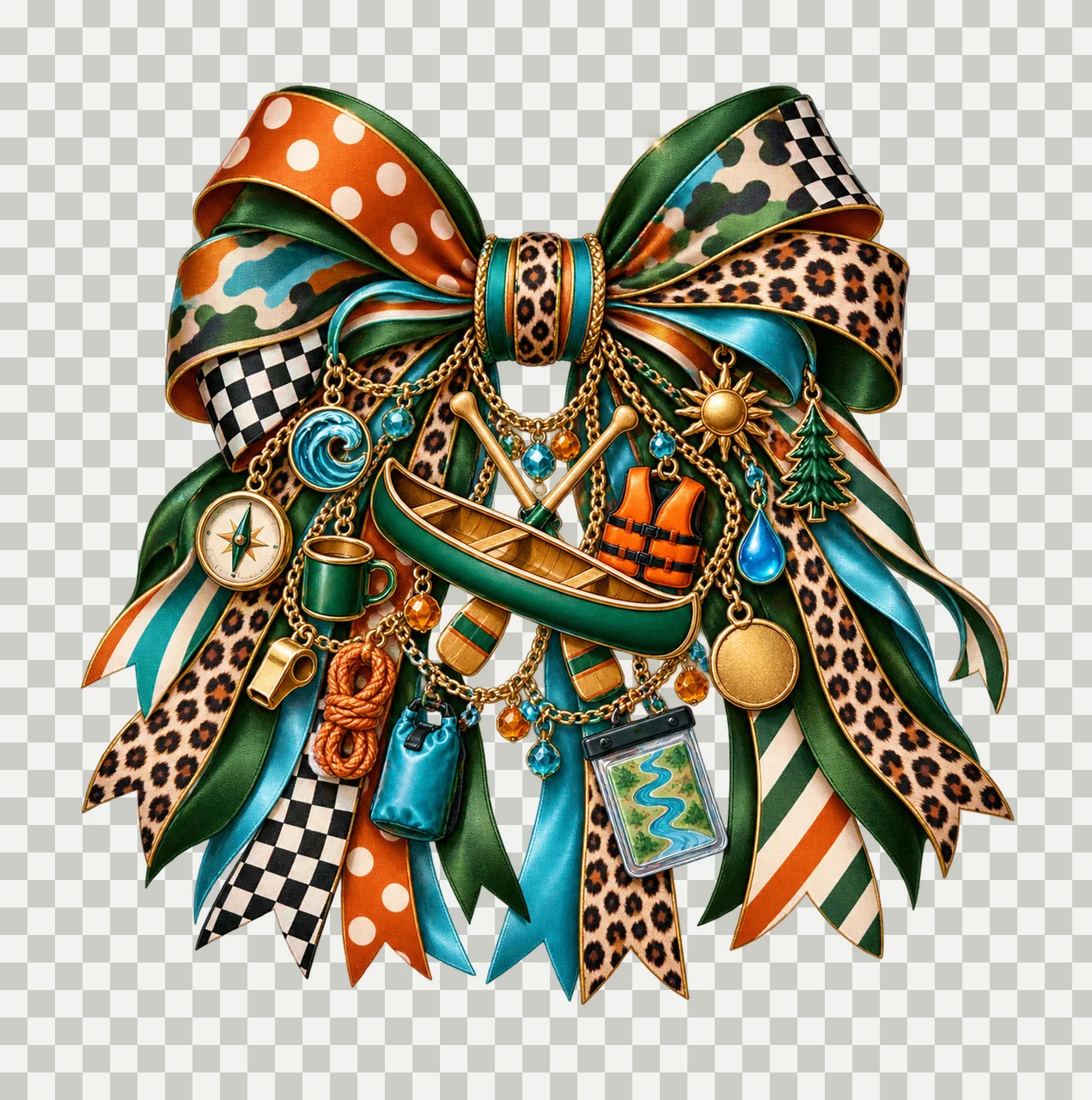 Canoeing Lover Bow Charm PNG, Themed Gold Chain Charms, Coquette Ribbon Sublimation Design, Transparent Digital Download transparency and detail preview thumbnail