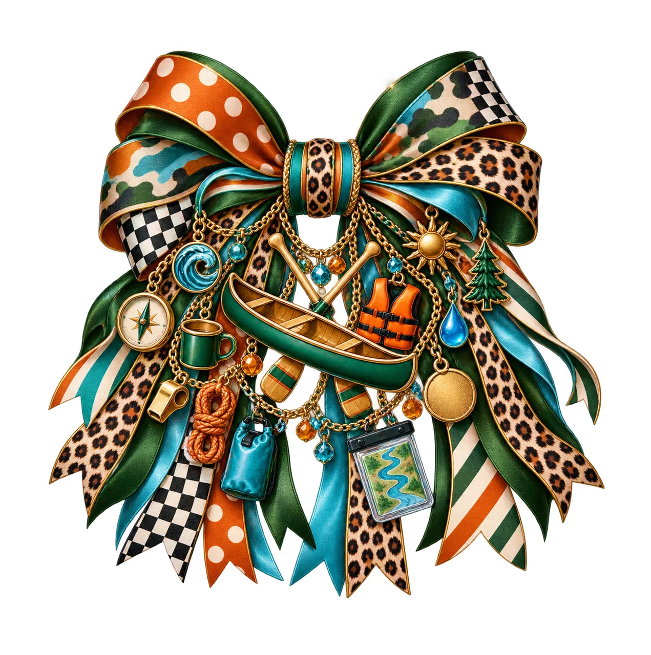 Canoeing Lover Bow Charm PNG, Themed Gold Chain Charms, Coquette Ribbon Sublimation Design, Transparent Digital Download