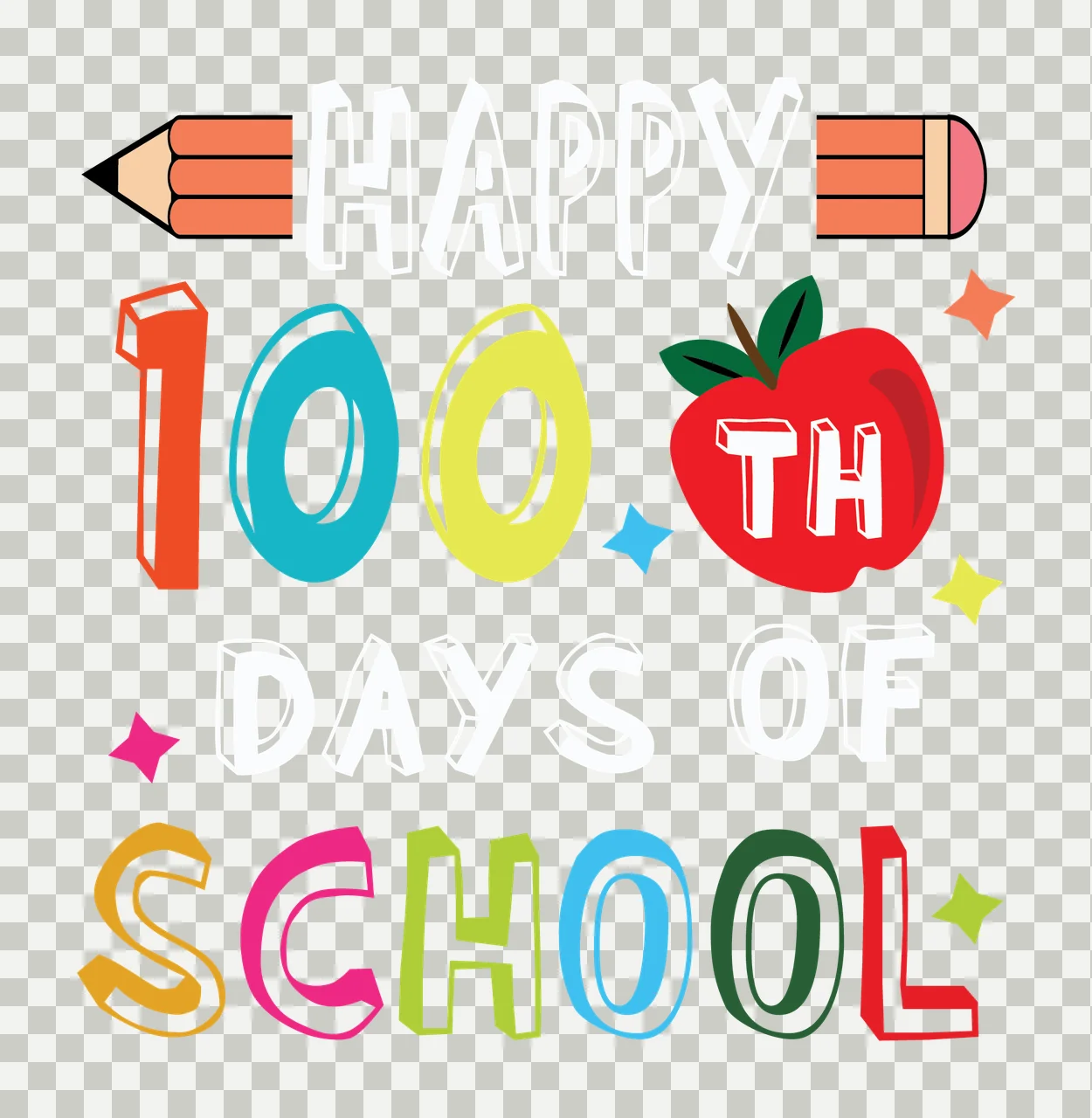 Happy 100 Days Of School Text banner pencil apple stars block transparency and detail preview thumbnail