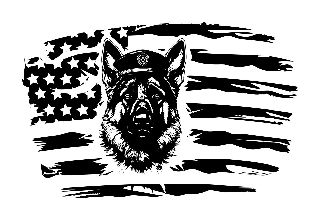 Dog German Shepherd Wearing Hat Over Flag head and American