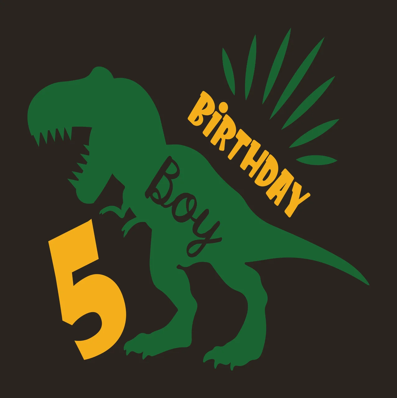 BIRTHDAY Boy 5 Typography Design with T-Rex silhouette, number 5, lettering and decorative rays in dark green, yellow and white contrast preview thumbnail