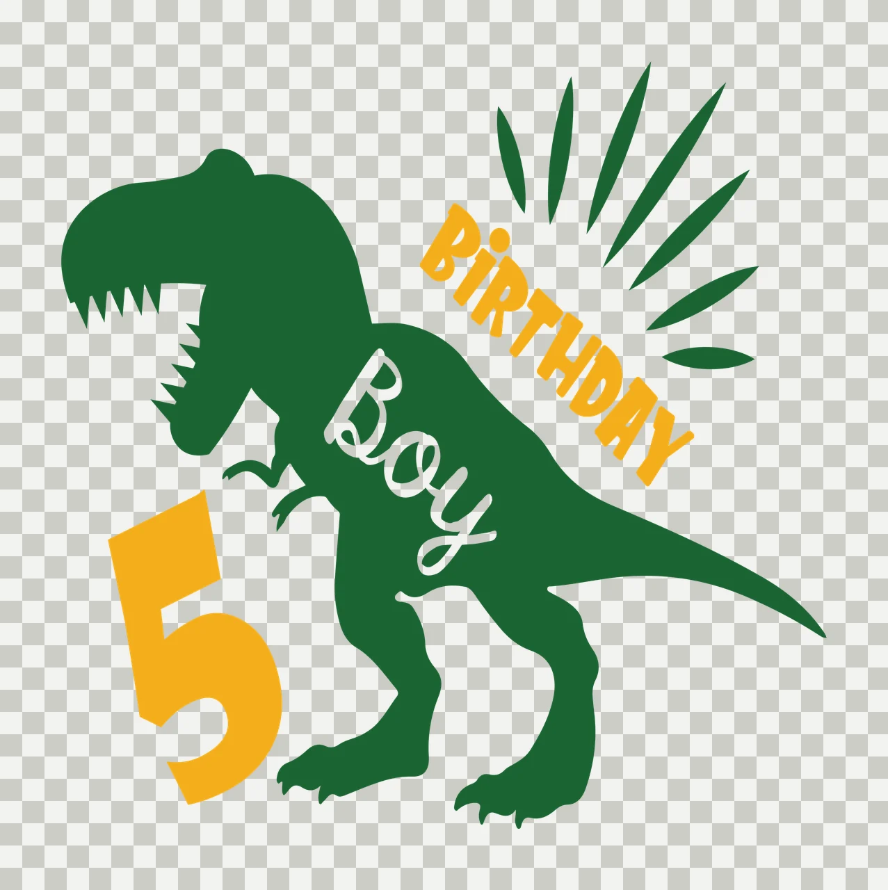 BIRTHDAY Boy 5 Typography Design with T-Rex silhouette, number 5, lettering and decorative rays in dark green, yellow and white transparency and detail preview thumbnail