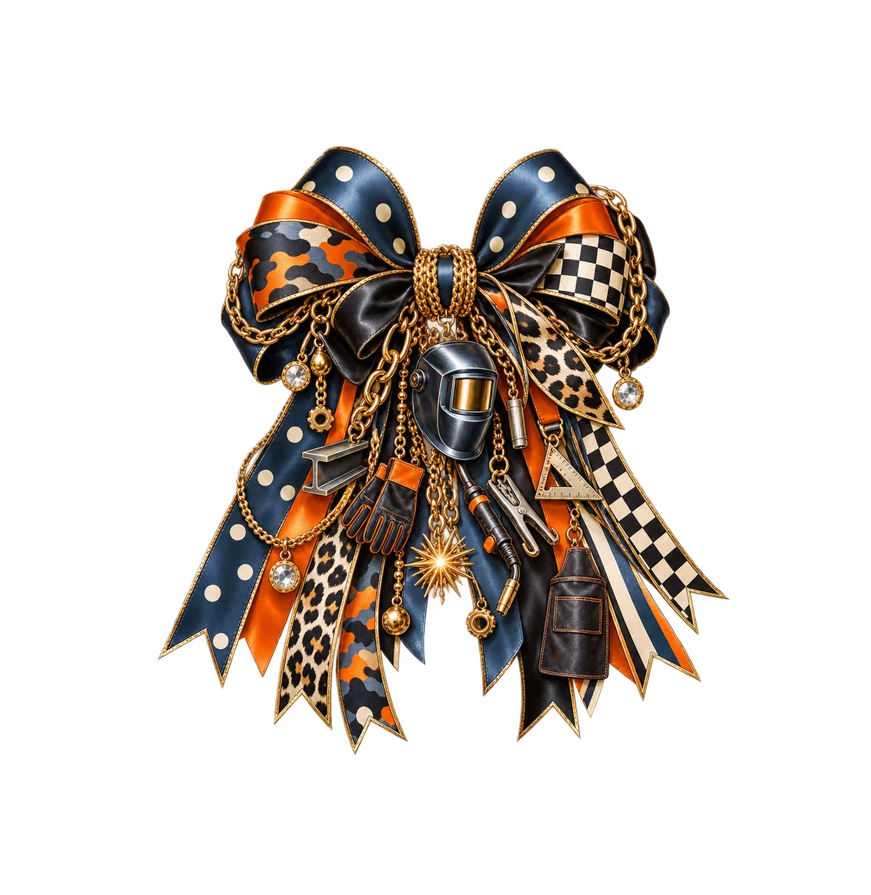 Welder Bow Charm PNG, Themed Gold Chain Charms, Coquette Ribbon Sublimation Design, Transparent Digital Download
