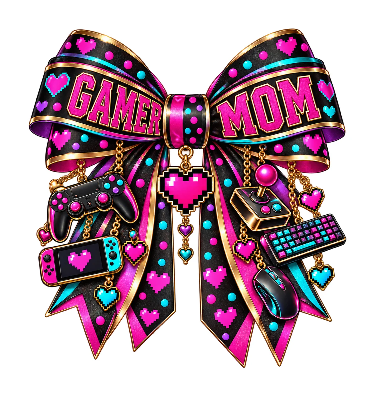 Gamer Mom Bow Charm PNG, Patterned Varsity Mom Ribbon Clipart, Transparent Sublimation Digital Download