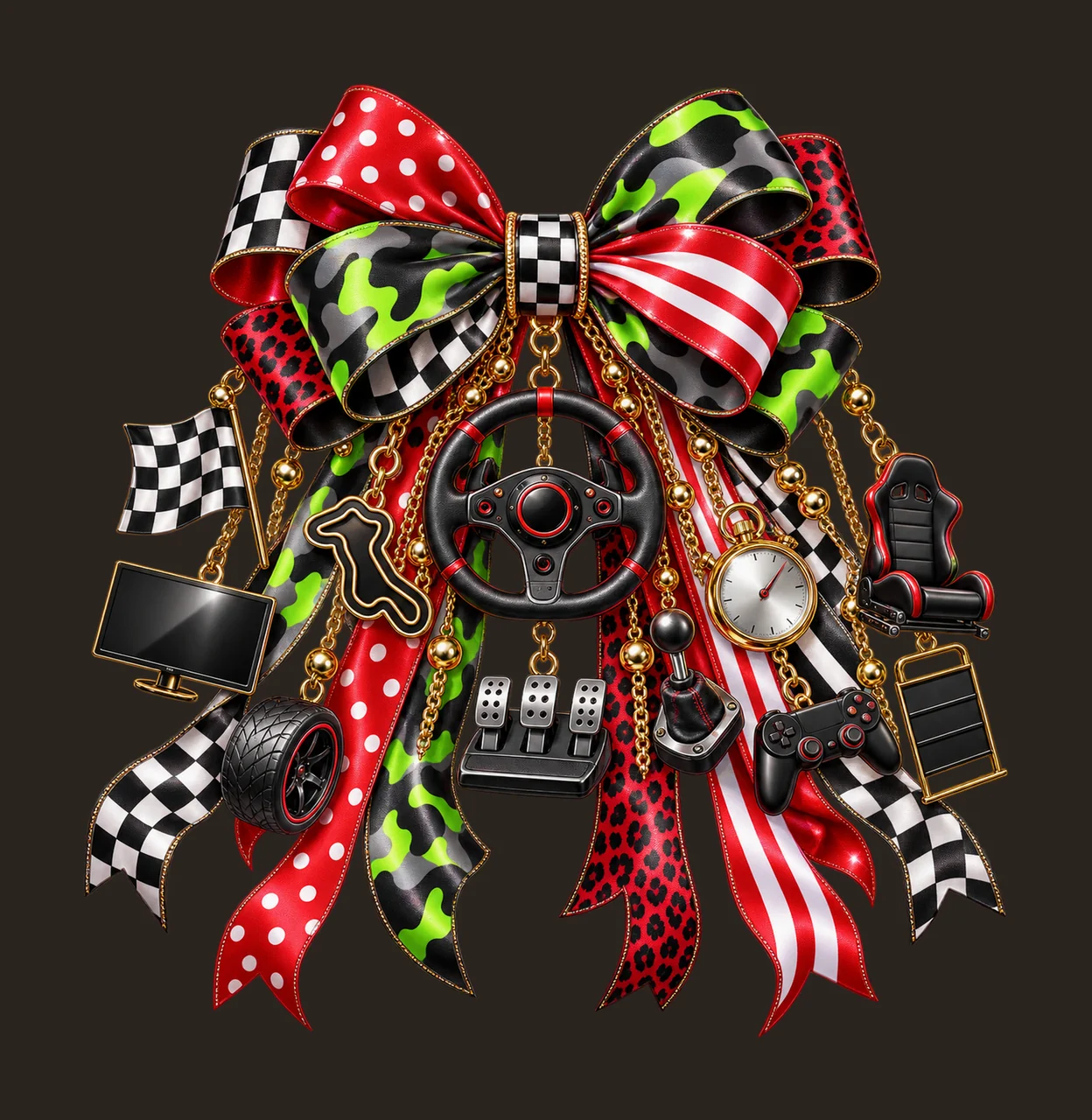Gamer Racing Wheel Bow Charm PNG, Gold Chain Charms, Transparent Sublimation Design, Digital Download contrast preview thumbnail
