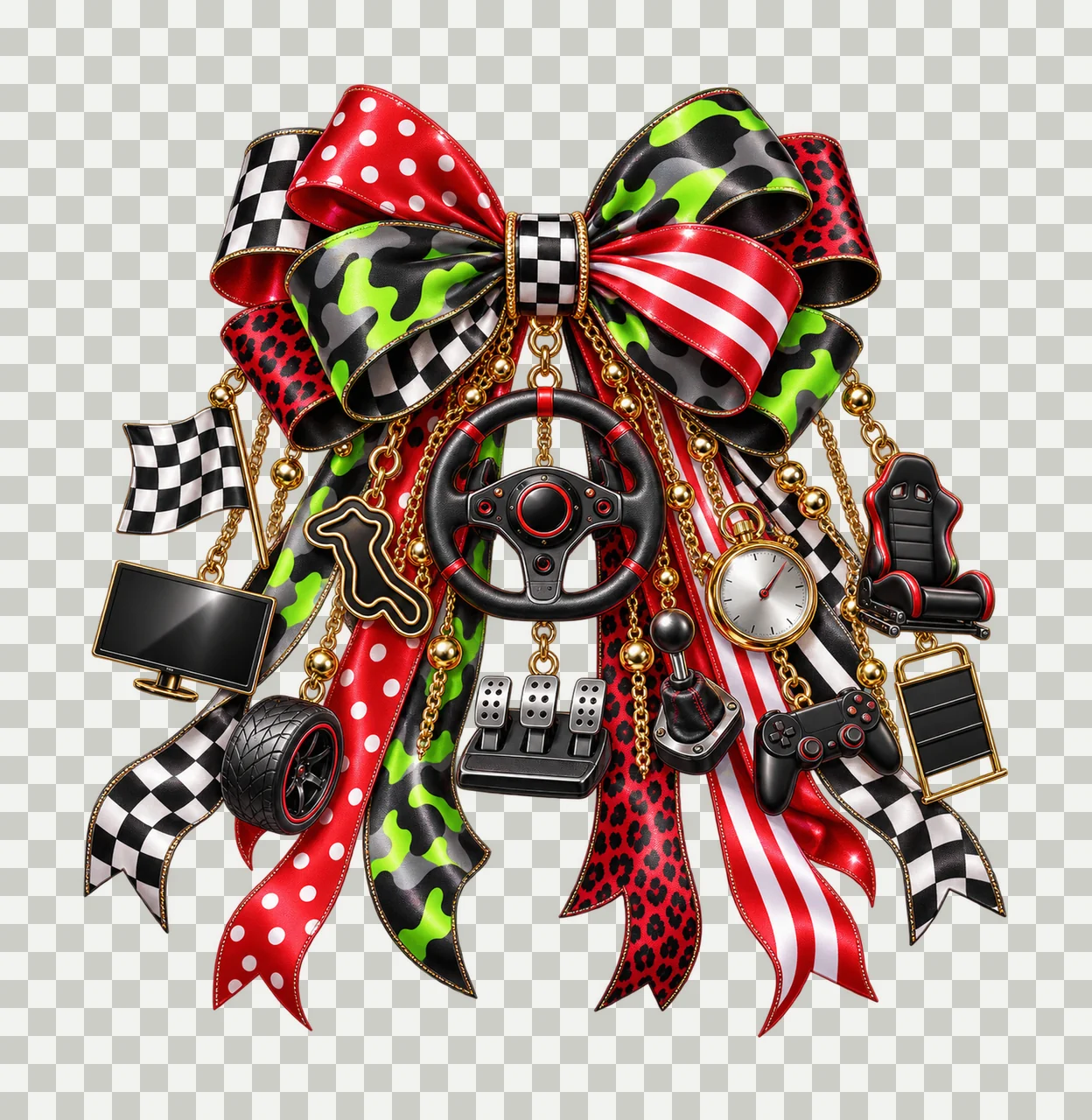 Gamer Racing Wheel Bow Charm PNG, Gold Chain Charms, Transparent Sublimation Design, Digital Download transparency and detail preview thumbnail
